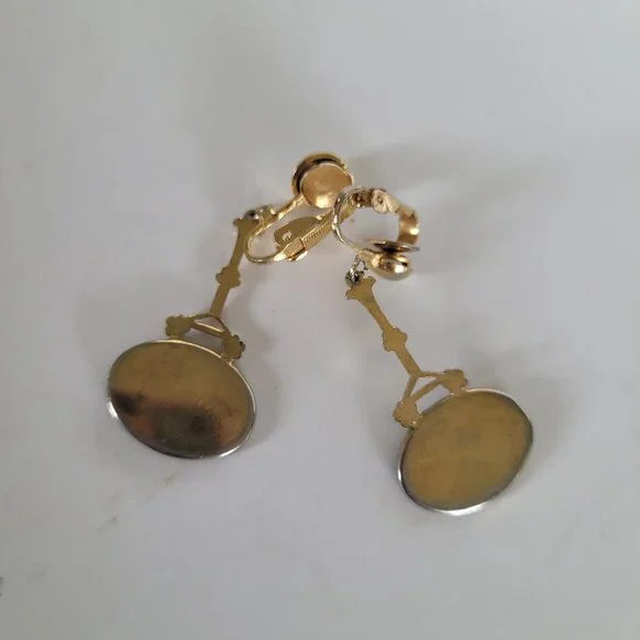 Art Noveau Cloissone Floral Dangle Drop Earrings Gold Tone - Picture 8 of 10